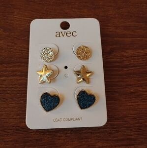 Gold Blue Stud Earrings Set Heart Star Circle Dainty Minimalist Multi Pair Cute